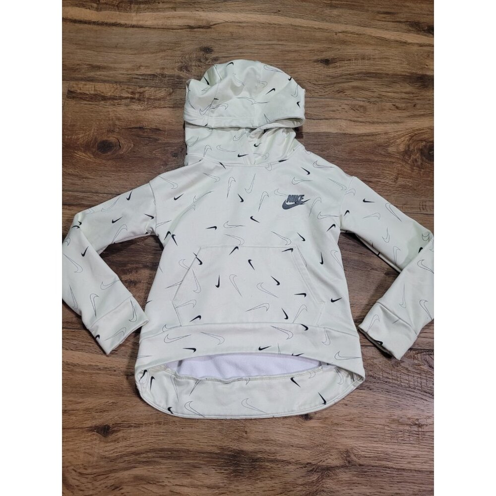 Nike Hoodie Youth Small Swoosh Print All Over Beige Off White Embroidered Logo